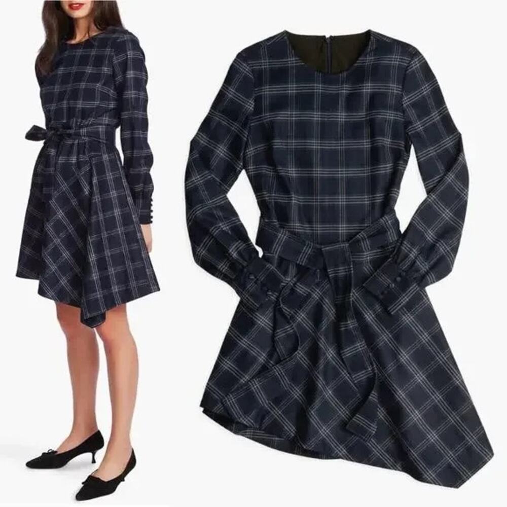 Court & Rowe Navy Plaid Soft Flannel Asymmetrical Hem Long Sleeve Belted Dress